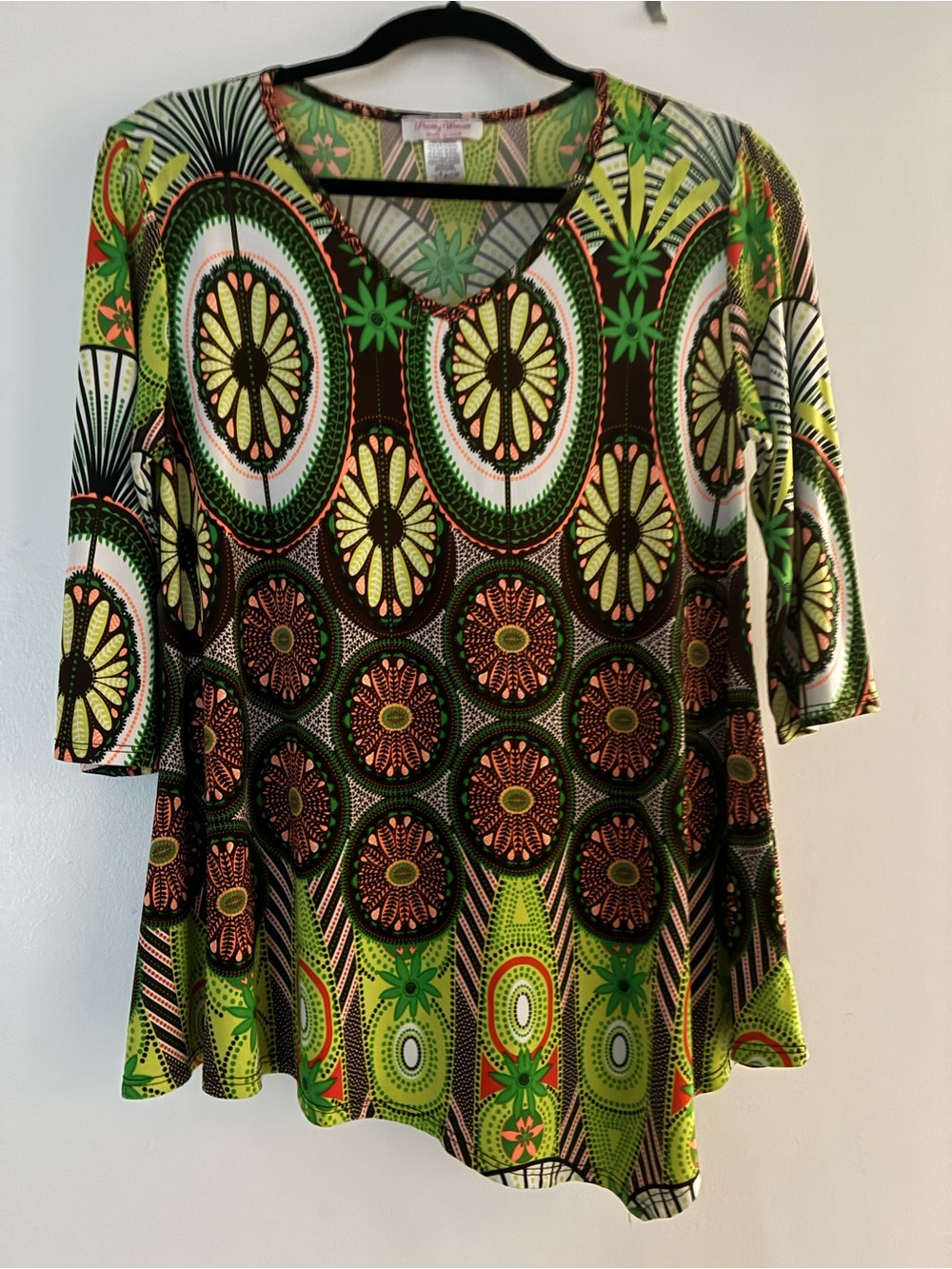 Green Multi-Pattern V-Neck Tunic Top